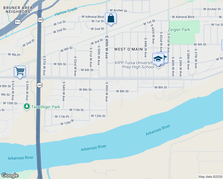 map of restaurants, bars, coffee shops, grocery stores, and more near 4733 West 8th Street in Tulsa