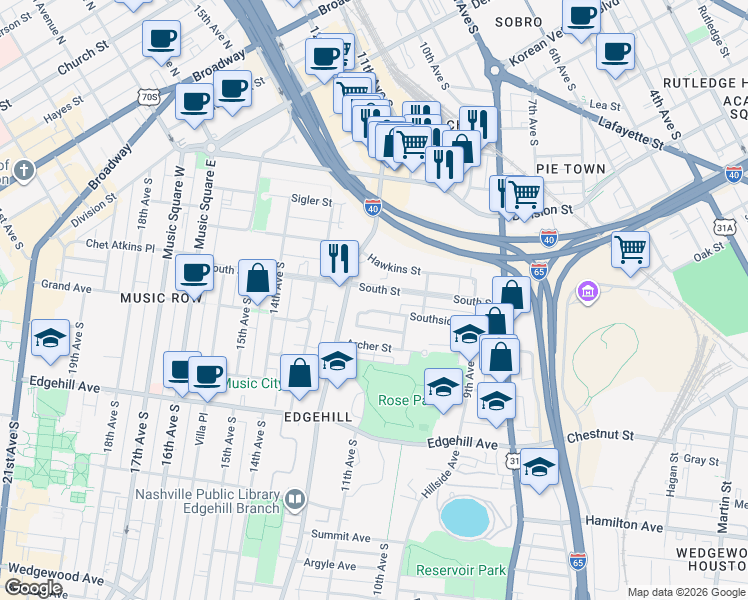 map of restaurants, bars, coffee shops, grocery stores, and more near 1019B South Street in Nashville