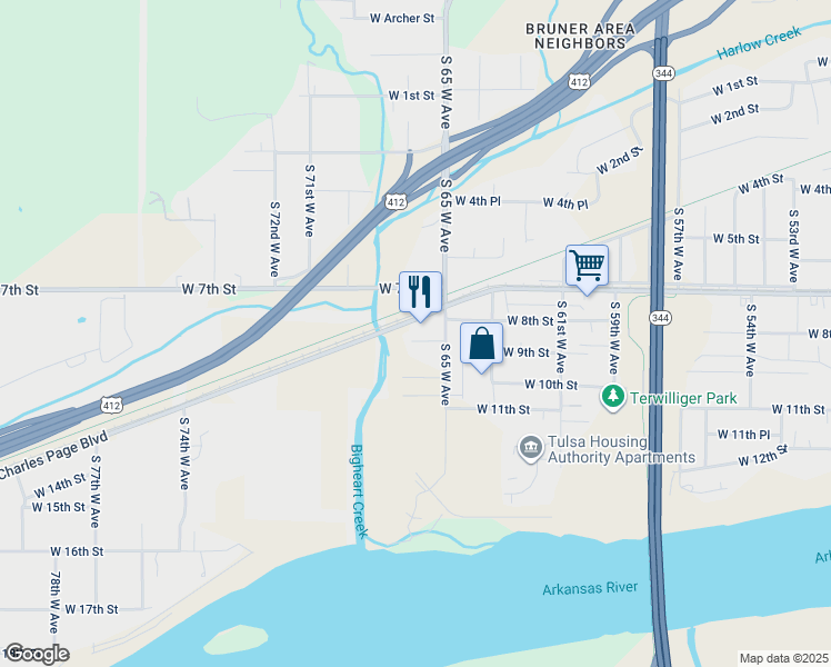 map of restaurants, bars, coffee shops, grocery stores, and more near 6534 Charles Page Boulevard in Tulsa