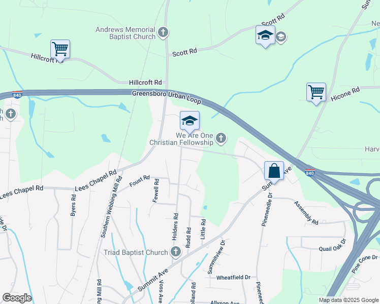 map of restaurants, bars, coffee shops, grocery stores, and more near 1904 Brightwood School Road in Greensboro