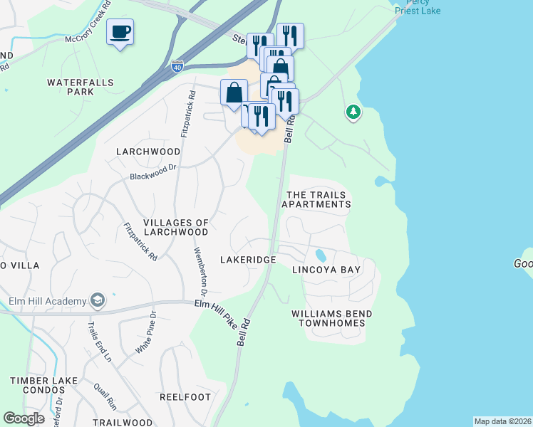 map of restaurants, bars, coffee shops, grocery stores, and more near 3580 Bell Road in Nashville