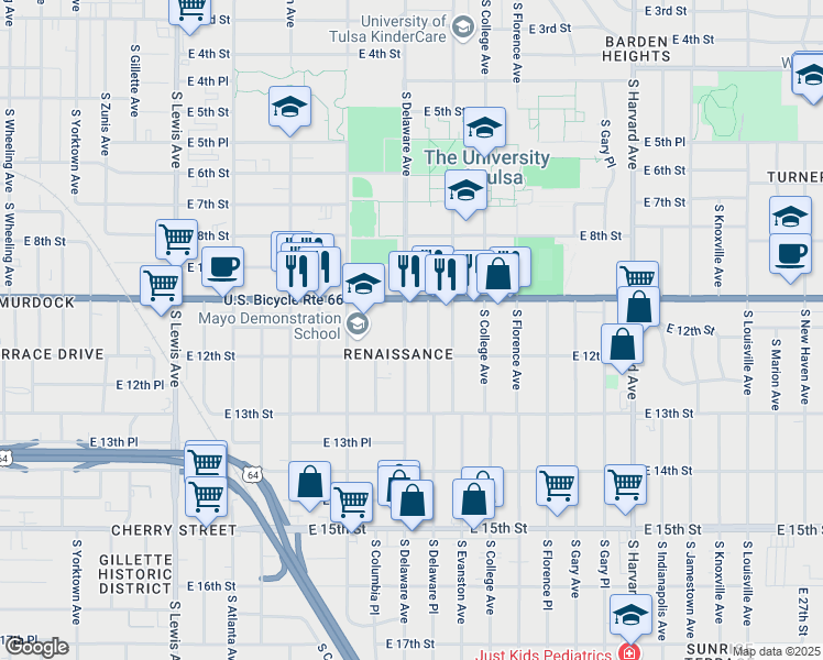 map of restaurants, bars, coffee shops, grocery stores, and more near 1115 South Delaware Place in Tulsa