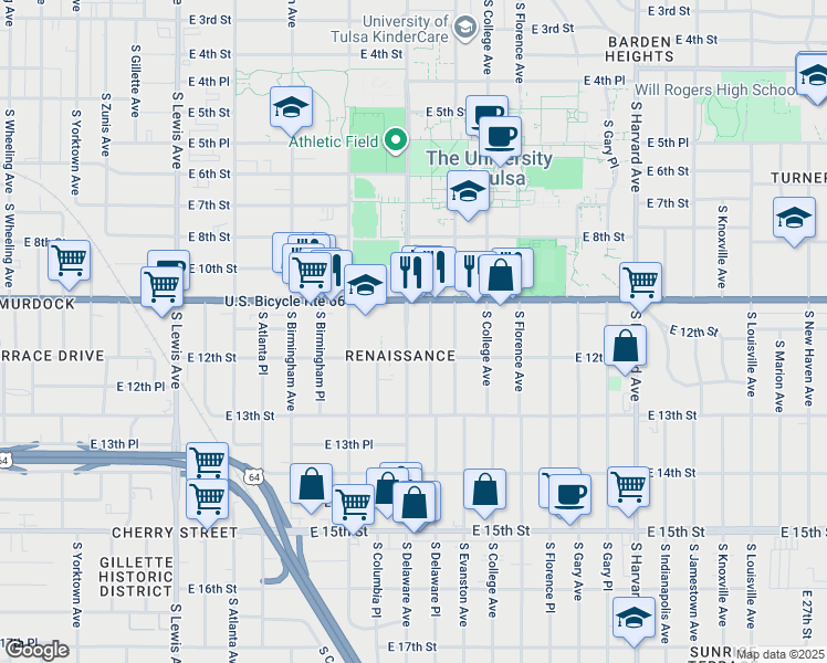 map of restaurants, bars, coffee shops, grocery stores, and more near 1115 South Delaware Place in Tulsa