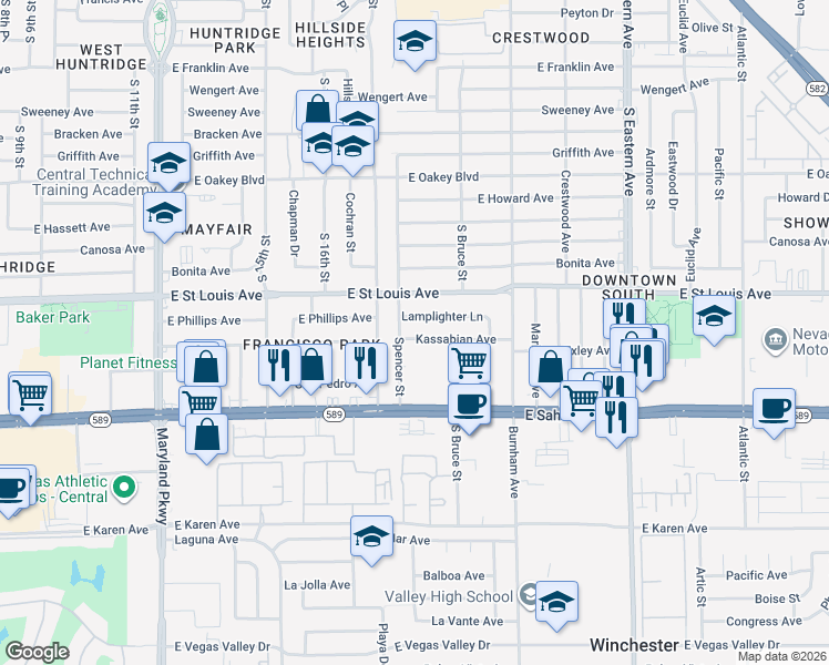 map of restaurants, bars, coffee shops, grocery stores, and more near 1716 Lamplighter Lane in Las Vegas