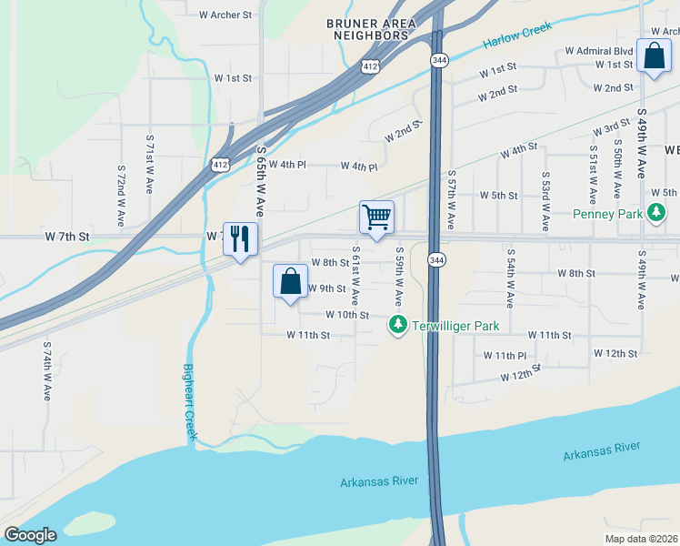 map of restaurants, bars, coffee shops, grocery stores, and more near 6112 West 8th Street in Tulsa