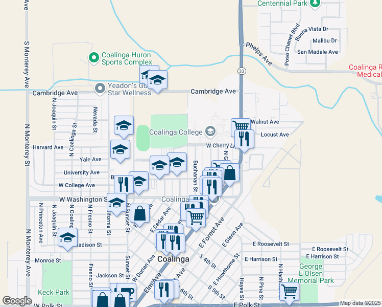 map of restaurants, bars, coffee shops, grocery stores, and more near 277 Buchanan Street in Coalinga