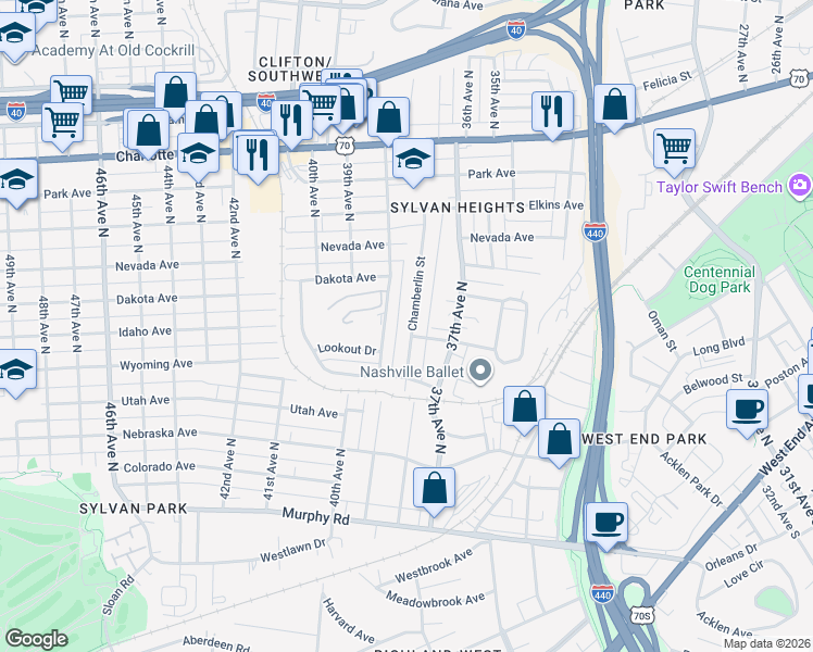 map of restaurants, bars, coffee shops, grocery stores, and more near 270 38th Avenue North in Nashville