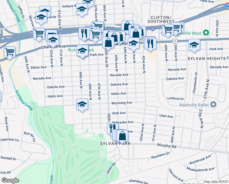 map of restaurants, bars, coffee shops, grocery stores, and more near 4502 Idaho Avenue in Nashville