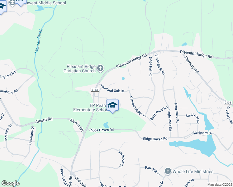 map of restaurants, bars, coffee shops, grocery stores, and more near 6511 Highland Oak Drive in Greensboro