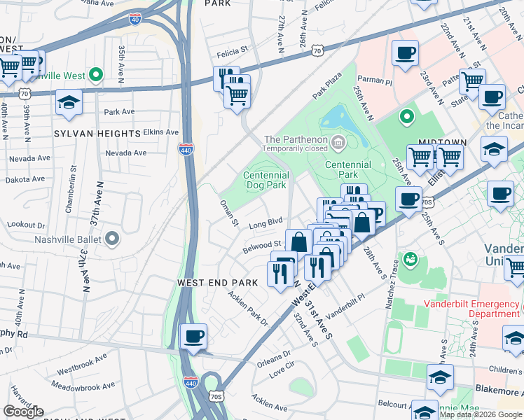 map of restaurants, bars, coffee shops, grocery stores, and more near 3131 Parthenon Avenue in Nashville