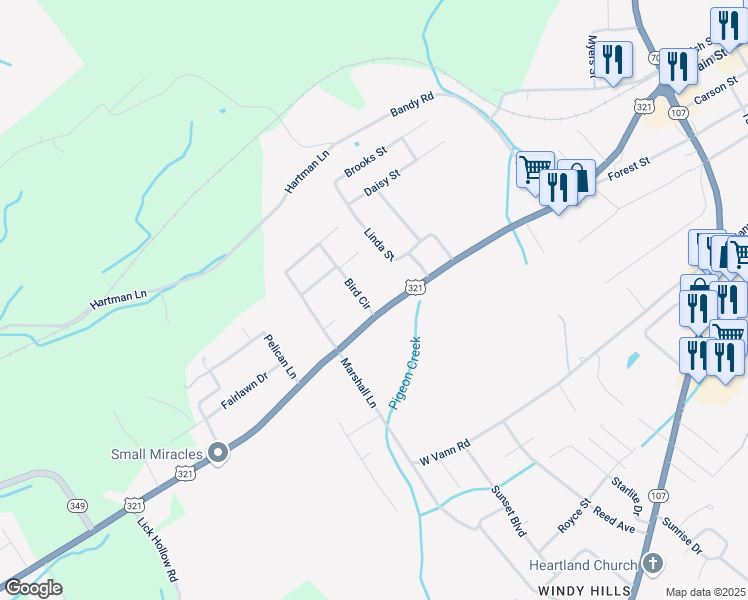 map of restaurants, bars, coffee shops, grocery stores, and more near 1622 West Main Street in Greeneville