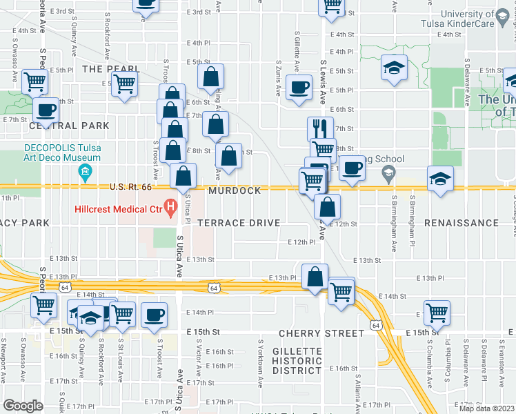 map of restaurants, bars, coffee shops, grocery stores, and more near 1127 South Xanthus Place in Tulsa
