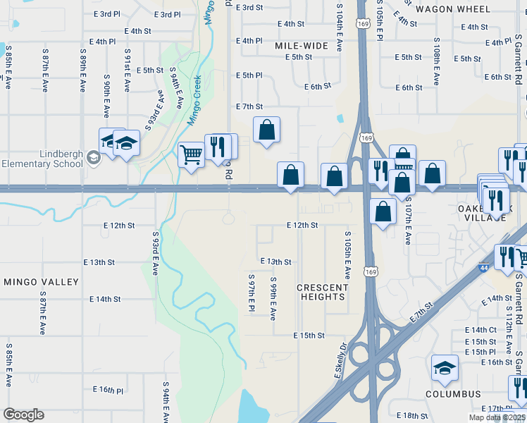 map of restaurants, bars, coffee shops, grocery stores, and more near 9743 East 12th Street in Tulsa