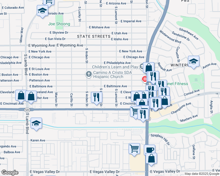 map of restaurants, bars, coffee shops, grocery stores, and more near 4759 East Baltimore Avenue in Las Vegas