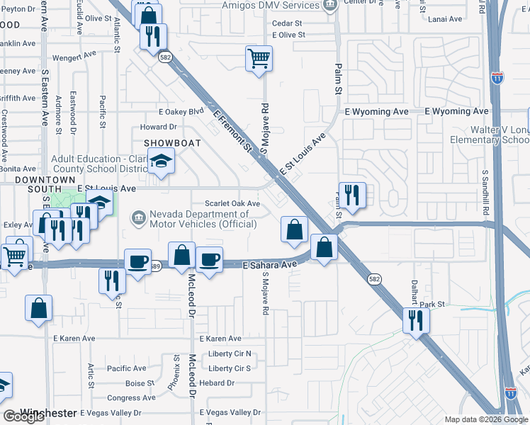 map of restaurants, bars, coffee shops, grocery stores, and more near 3114 Scarlet Oak Avenue in Las Vegas