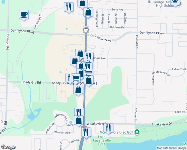 map of restaurants, bars, coffee shops, grocery stores, and more near 455 Fairway Circle in Springdale