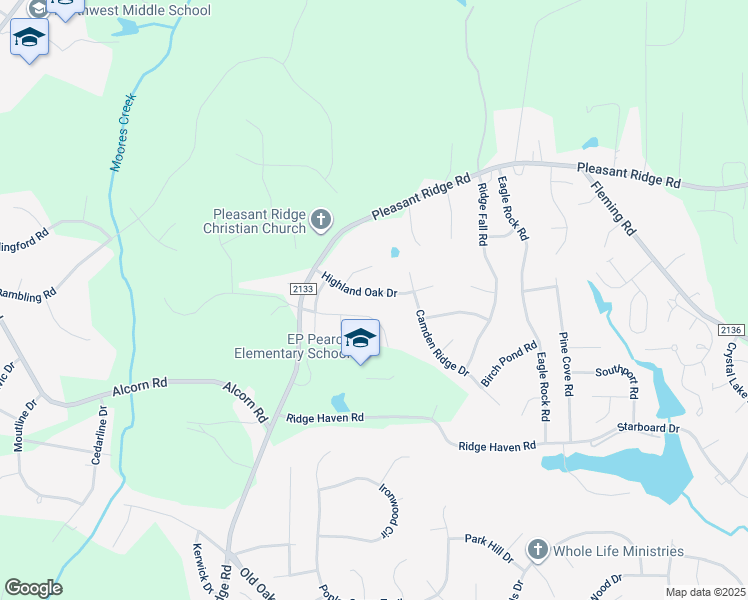 map of restaurants, bars, coffee shops, grocery stores, and more near 6511 Highland Oak Drive in Greensboro