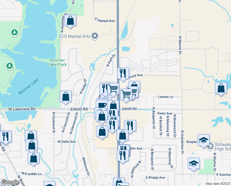 map of restaurants, bars, coffee shops, grocery stores, and more near 2408 North Perkins Road in Stillwater