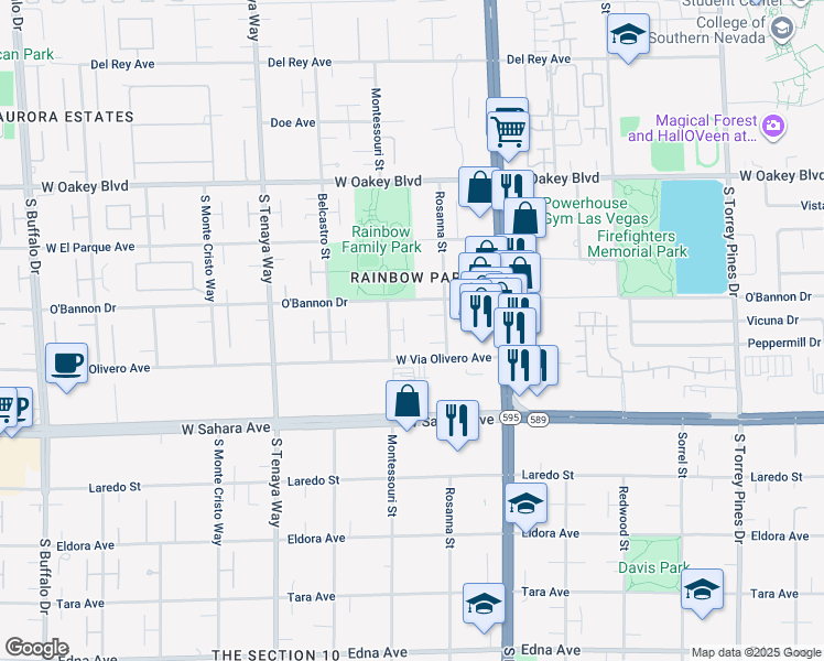 map of restaurants, bars, coffee shops, grocery stores, and more near 2250 Montessouri Street in Las Vegas