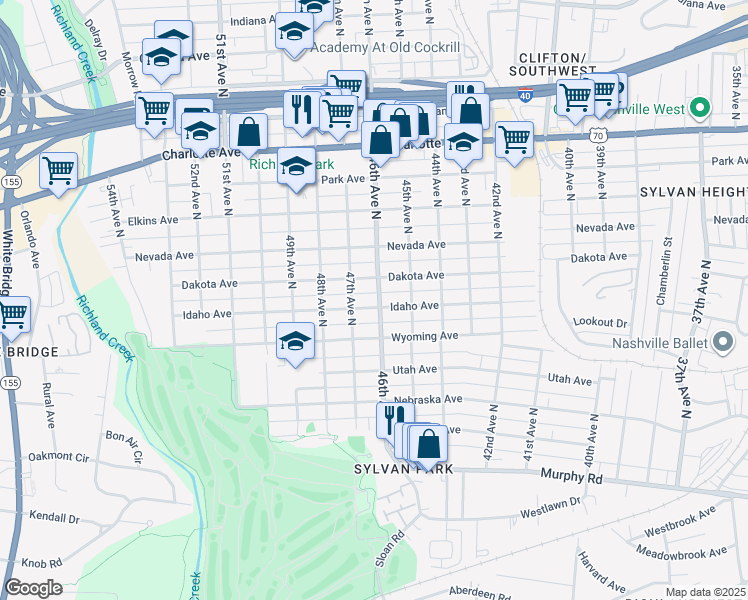 map of restaurants, bars, coffee shops, grocery stores, and more near 4602 Idaho Avenue in Nashville