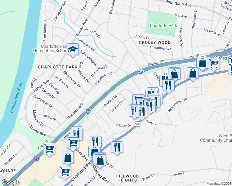 map of restaurants, bars, coffee shops, grocery stores, and more near 6500 Premier Drive in Nashville