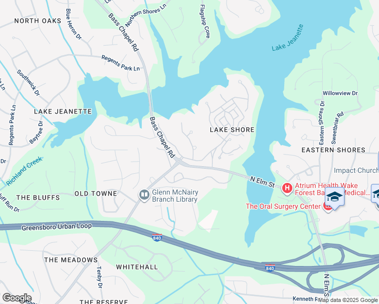map of restaurants, bars, coffee shops, grocery stores, and more near 3 Rosebay Lane in Greensboro