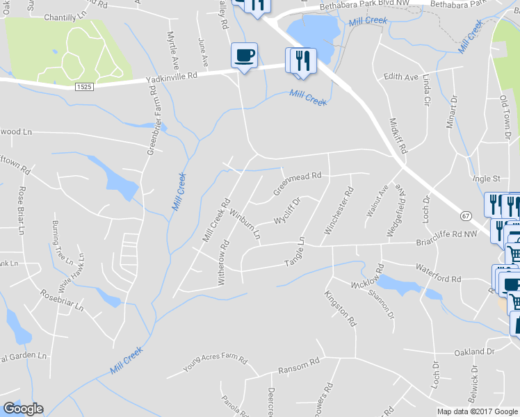 map of restaurants, bars, coffee shops, grocery stores, and more near 4182 Greenmead Road in Winston-Salem