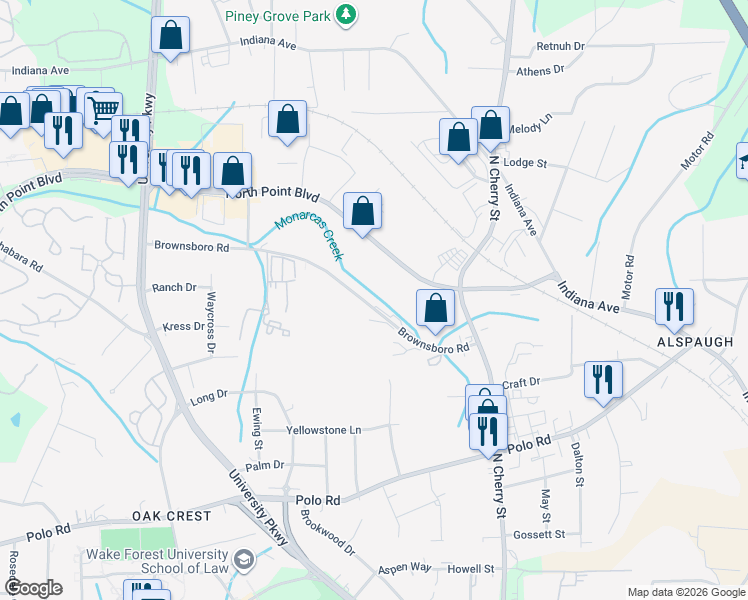 map of restaurants, bars, coffee shops, grocery stores, and more near 4239 Brownsboro Road in Winston-Salem