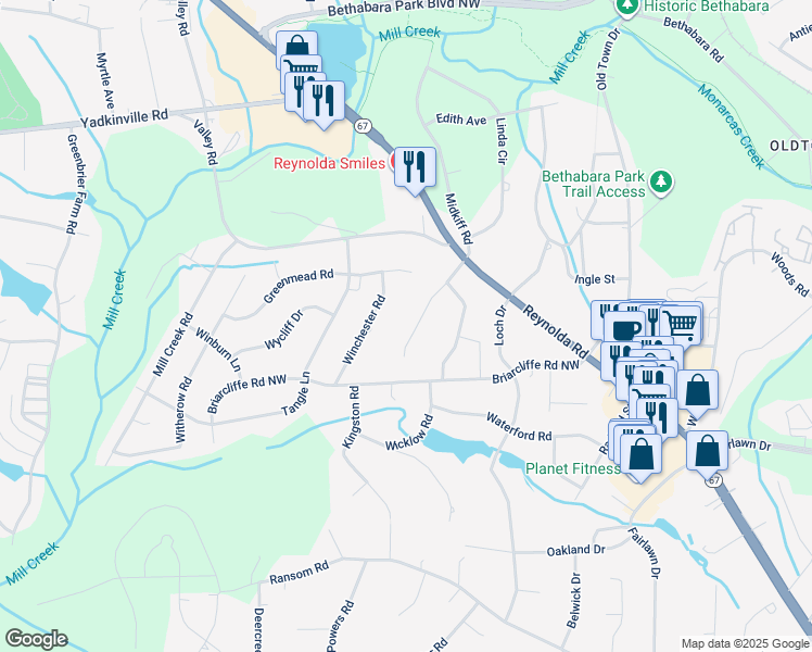 map of restaurants, bars, coffee shops, grocery stores, and more near 3002 Walnut Avenue in Winston-Salem