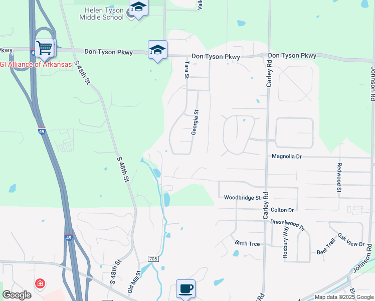 map of restaurants, bars, coffee shops, grocery stores, and more near 4326 Georgia Street in Springdale