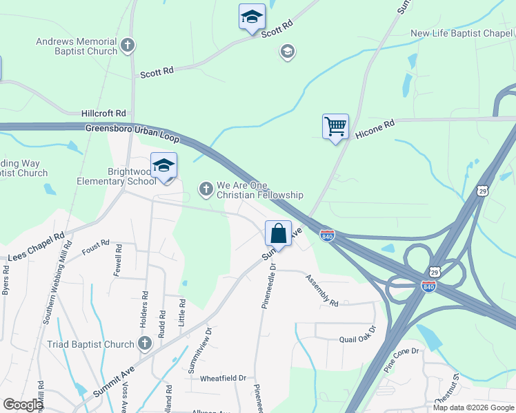 map of restaurants, bars, coffee shops, grocery stores, and more near 2007 Blue Rock Court in Greensboro
