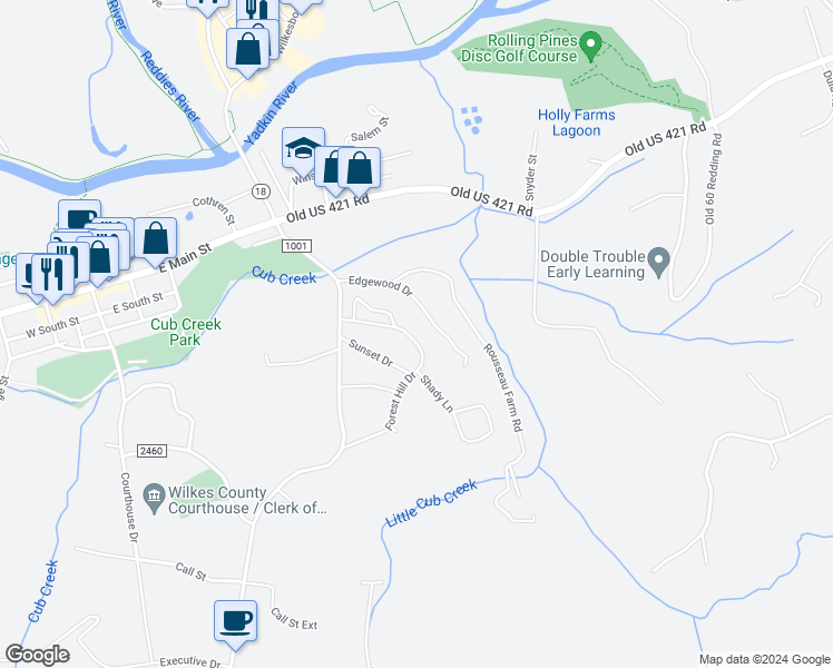 map of restaurants, bars, coffee shops, grocery stores, and more near 352 Forest Hill Drive in Wilkesboro