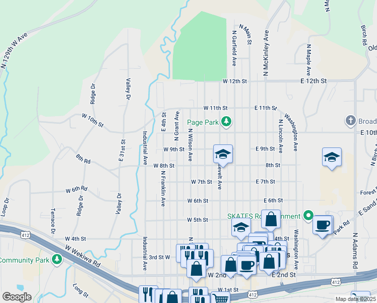 map of restaurants, bars, coffee shops, grocery stores, and more near 822 N Wilson Ave in Sand Springs