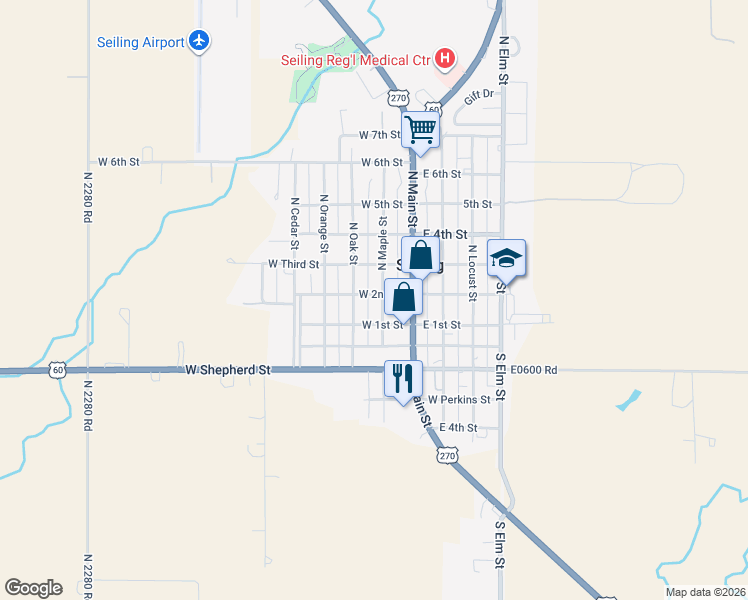 map of restaurants, bars, coffee shops, grocery stores, and more near 301 West 2nd Street in Seiling