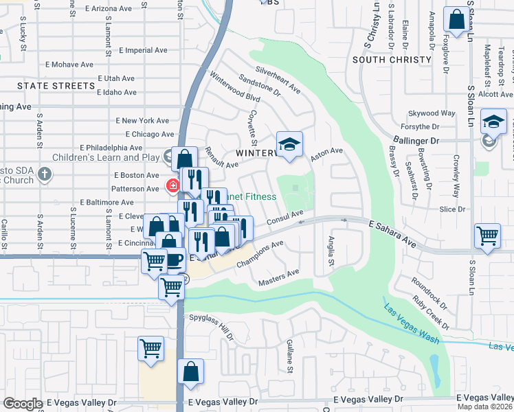 map of restaurants, bars, coffee shops, grocery stores, and more near 2293 Caravelle Street in Las Vegas