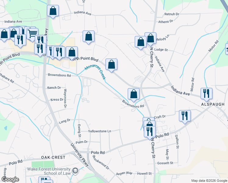 map of restaurants, bars, coffee shops, grocery stores, and more near 4239 Brownsboro Road in Winston-Salem