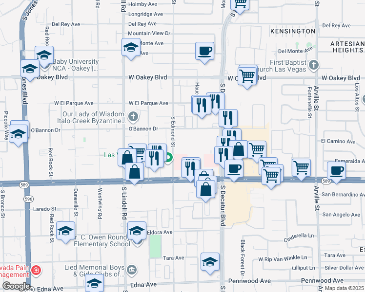 map of restaurants, bars, coffee shops, grocery stores, and more near 5100 O'Bannon Drive in Las Vegas