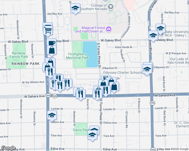 map of restaurants, bars, coffee shops, grocery stores, and more near 6405 Vicuna Drive in Las Vegas