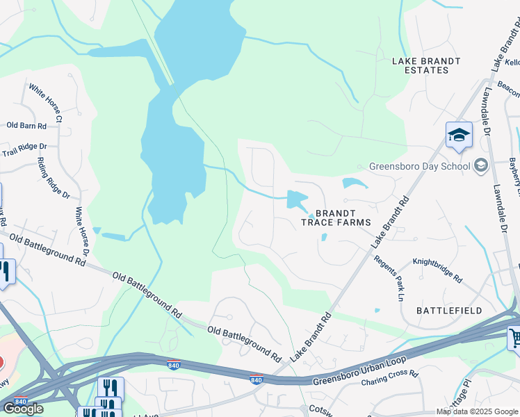 map of restaurants, bars, coffee shops, grocery stores, and more near 2708 Quaker Landing Road in Greensboro