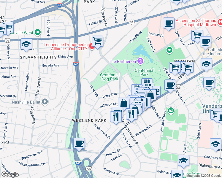 map of restaurants, bars, coffee shops, grocery stores, and more near 307 31st Avenue North in Nashville