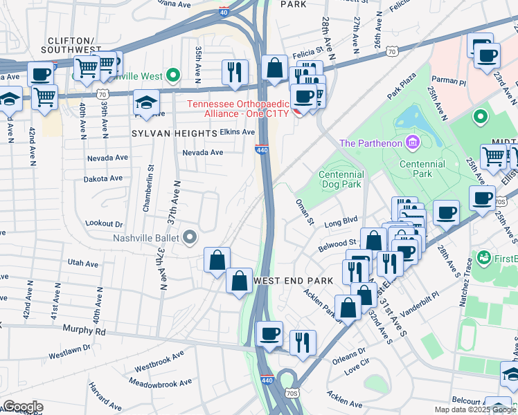 map of restaurants, bars, coffee shops, grocery stores, and more near 733 Park Circle in Nashville