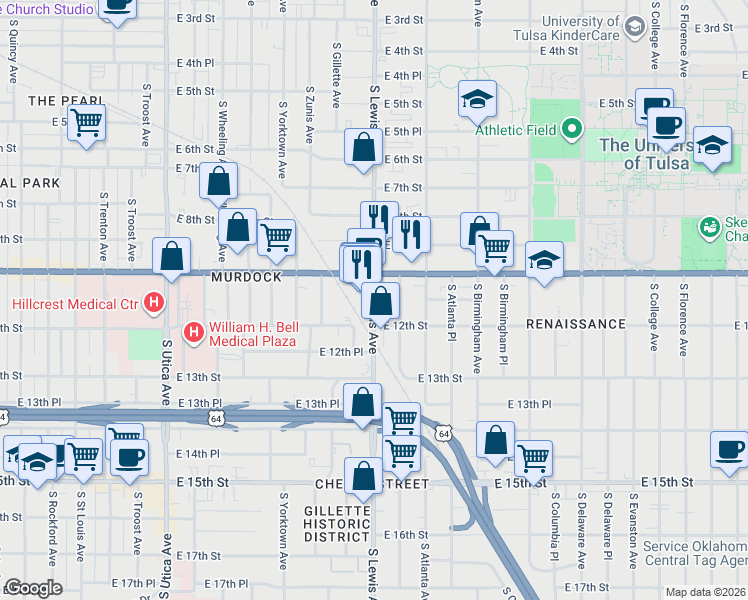map of restaurants, bars, coffee shops, grocery stores, and more near 1123 South Lewis Avenue in Tulsa