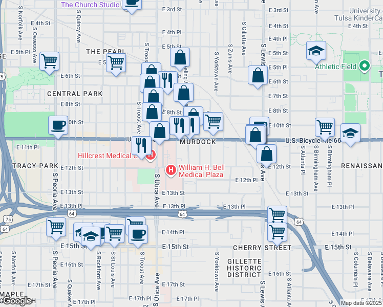 map of restaurants, bars, coffee shops, grocery stores, and more near 1120 South Xanthus Avenue in Tulsa