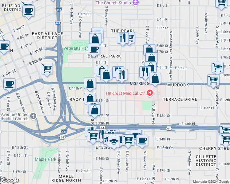 map of restaurants, bars, coffee shops, grocery stores, and more near 1121 South Quincy Avenue in Tulsa
