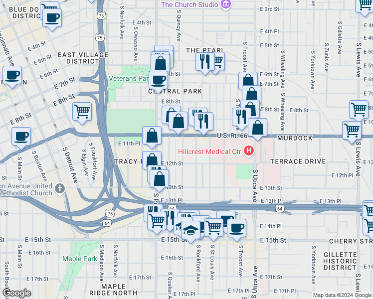map of restaurants, bars, coffee shops, grocery stores, and more near 1121 South Quincy Avenue in Tulsa