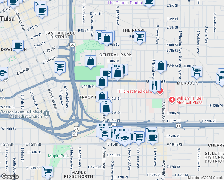 map of restaurants, bars, coffee shops, grocery stores, and more near 1121 South Quaker Avenue in Tulsa