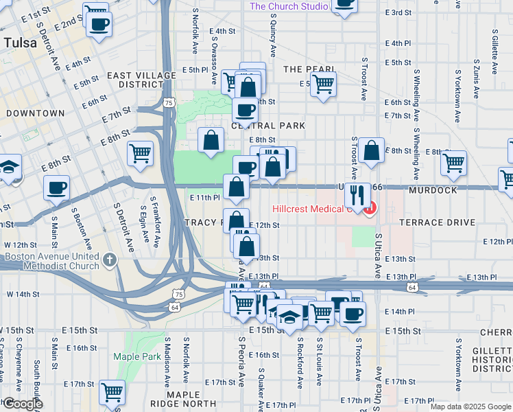 map of restaurants, bars, coffee shops, grocery stores, and more near 1121 South Quaker Avenue in Tulsa