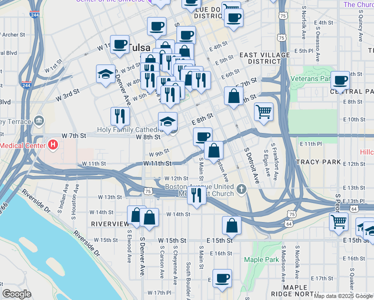 map of restaurants, bars, coffee shops, grocery stores, and more near 902 South Main Street in Tulsa