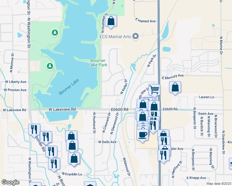 map of restaurants, bars, coffee shops, grocery stores, and more near 2401 North Glenwood Drive in Stillwater