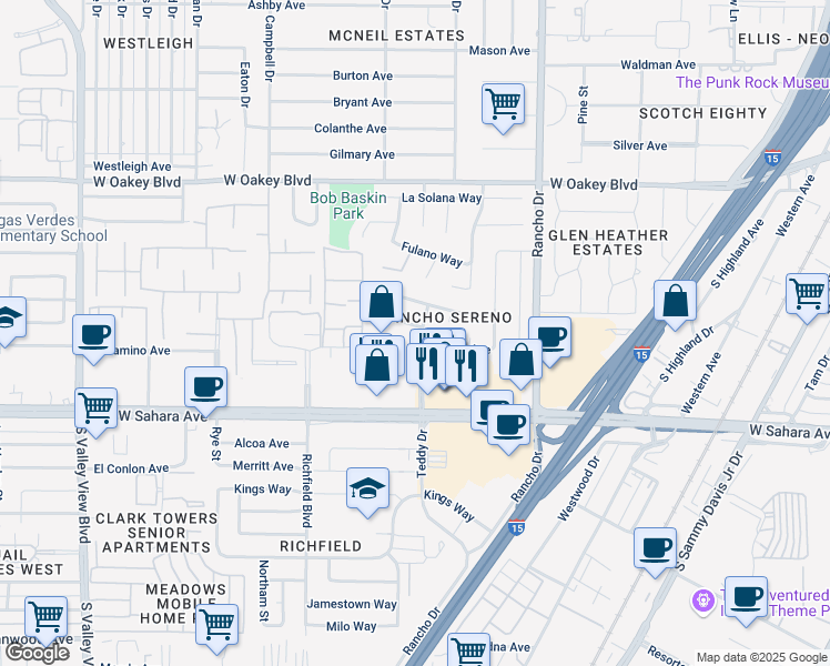 map of restaurants, bars, coffee shops, grocery stores, and more near 2701 Miraflores Avenue in Las Vegas